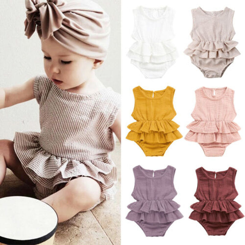 US Stock Cute Newborn Kid Baby Girl Clothes Sleeveless Bodysuit Dress Cotton&Linen 1PC Outfit